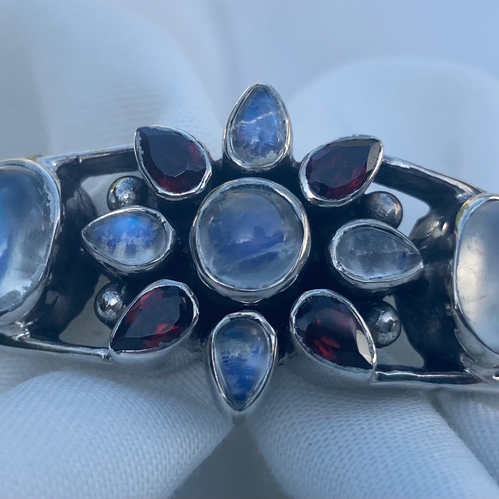 Vintage Sterling Silver Moonstone & Garnet Cuff Bracelet by Nikki Butler AS-IS